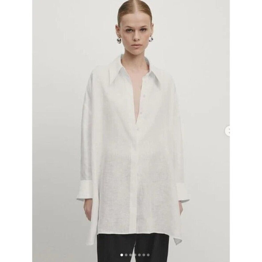 Massimo Dutti Womens Button Up Shirt S Small White Lined Oversized 9418/952 NWT